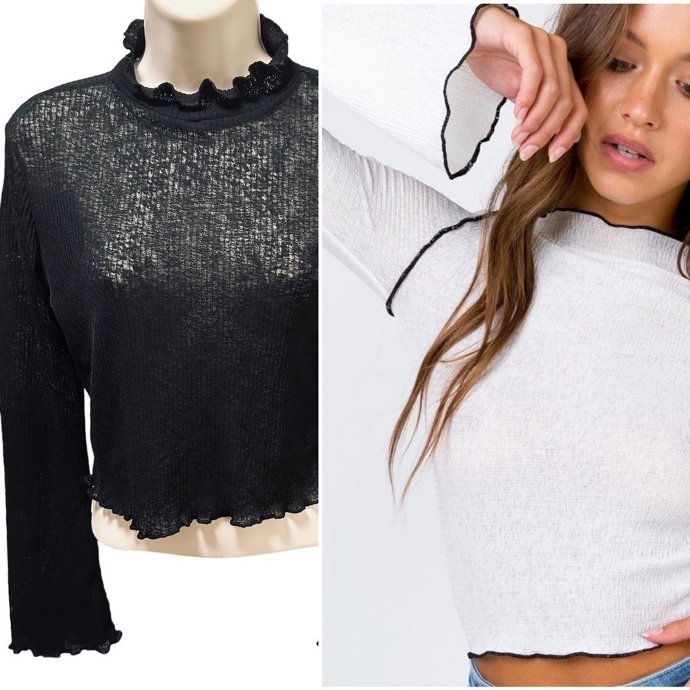 TWIIN frill mesh top flare sleeve sheer crop Princess Polly Medium
